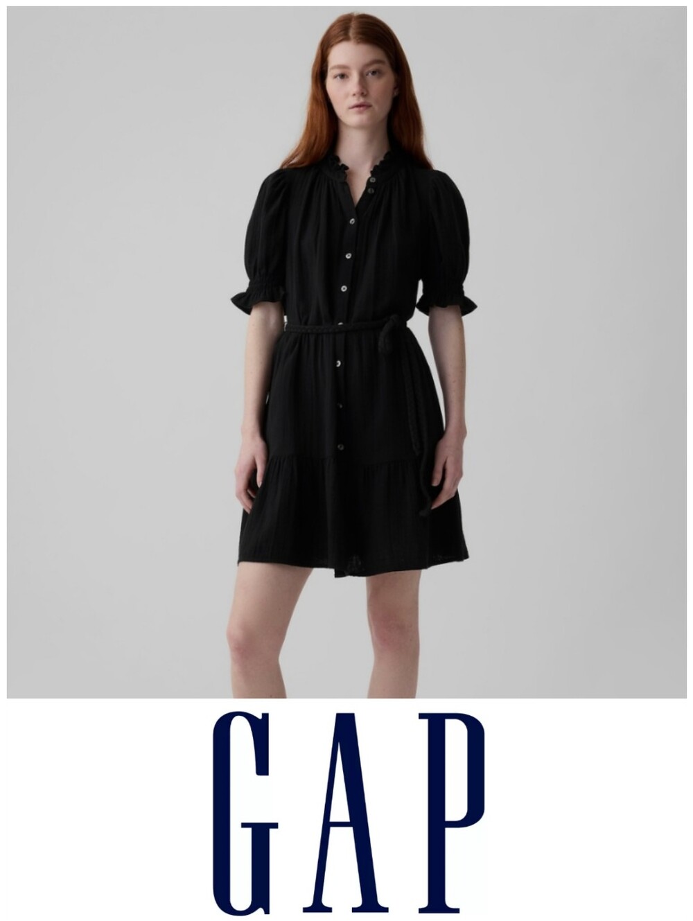 Crinkle Gauze Belted Mini DressGap crinkle gauze belted mini dress in black.